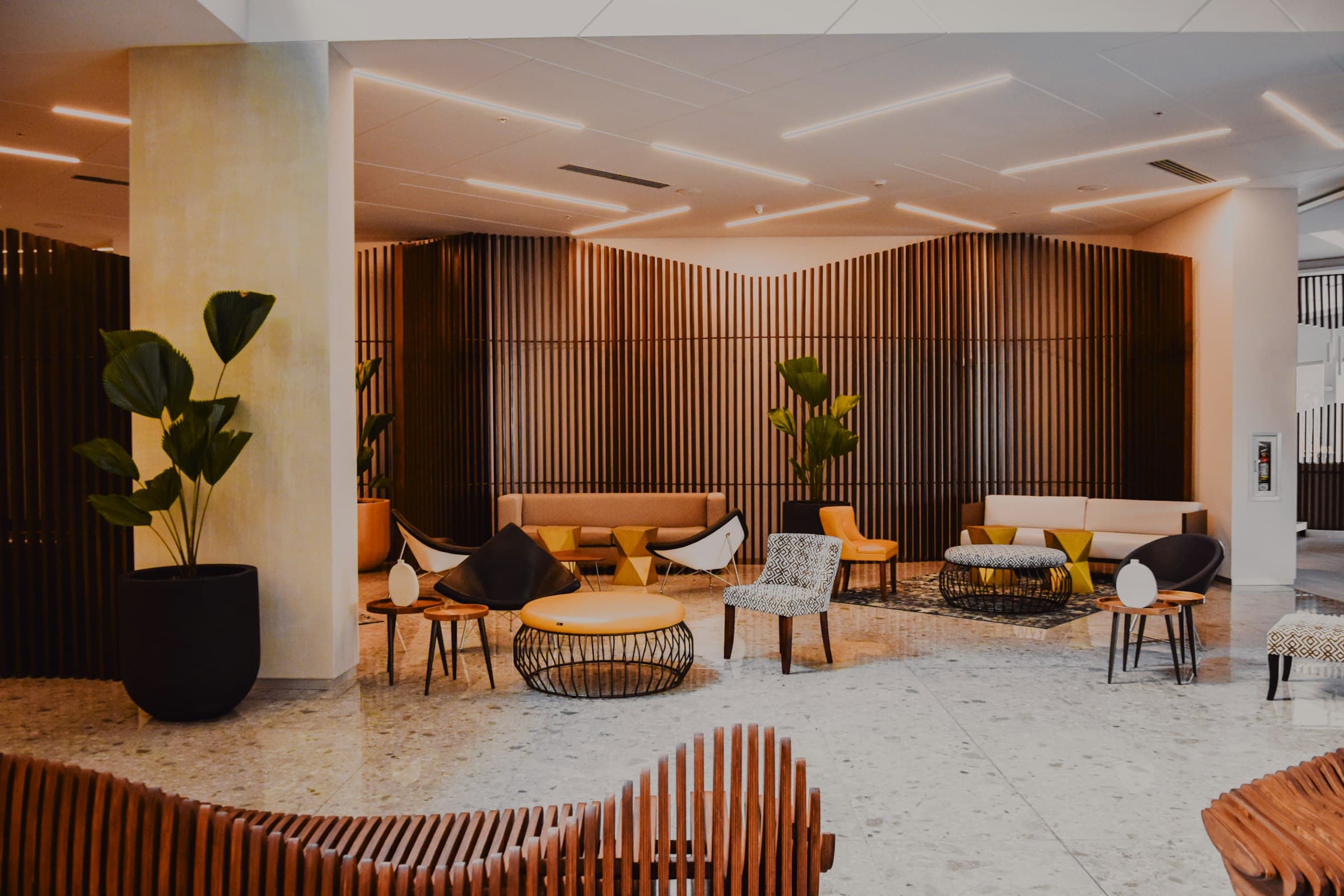 Wide interior view of a completed project at dusk